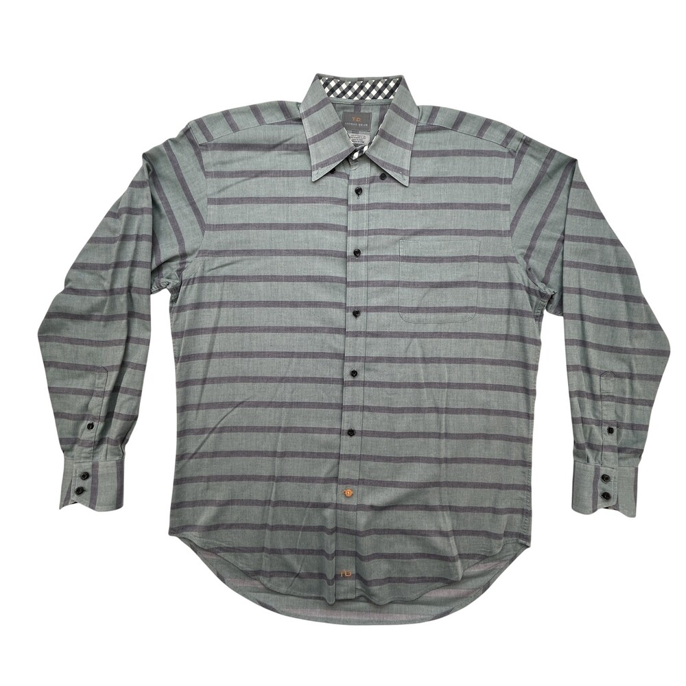 Thomas Dean Shirt Mens Medium Gray Blue Stripe Button Up Long Sleeve Classic